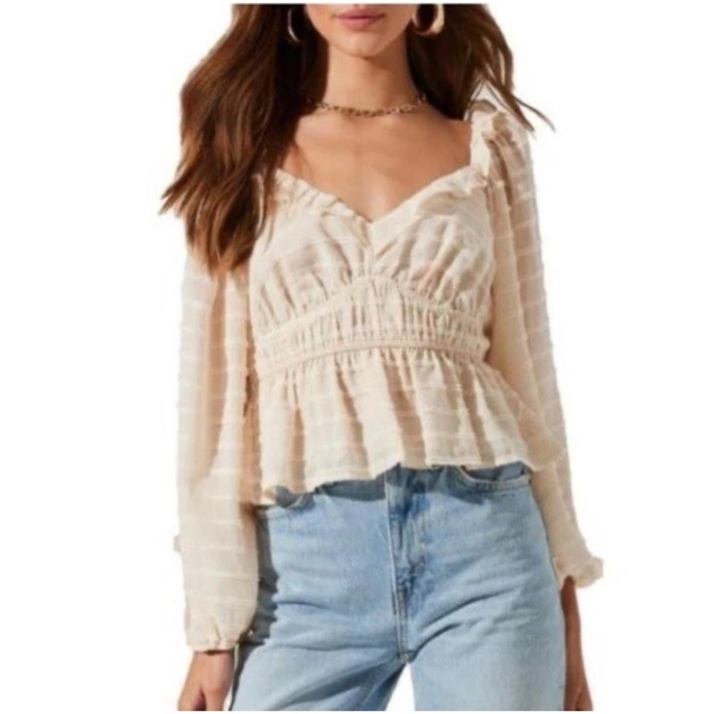 ASTR The Label Cream Shimmer Peasant Peplum Long‎ Sleeve Blouse L Balloon Sleeve